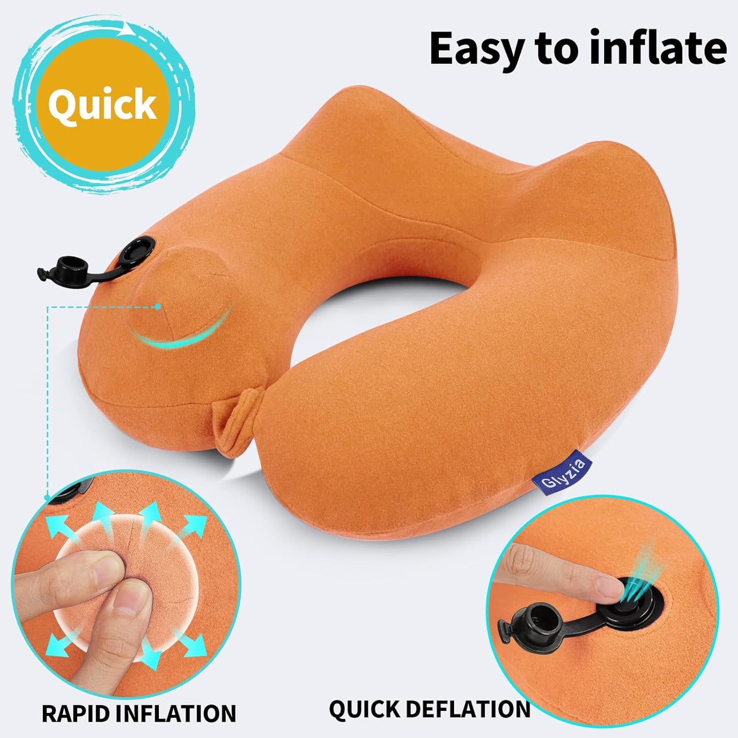 2 Pack Inflatable Travel Neck Pillows for Airplanes, Head Support Velvet Adult Neck Pillows for Long Flight, Kit with Eye Mask, Earplugs and Storage Bag, 2, Orange