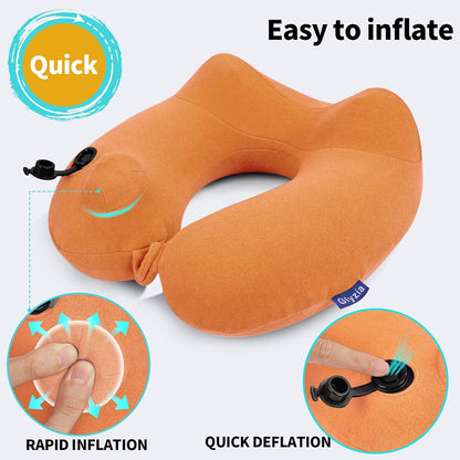 Inflatable Travel Neck Pillow for Airplane, Head Support Velvet Adult Neck Pillow for Long Flight, Kit with Eye Mask, Earplugs and Storage Bag,1, Orange