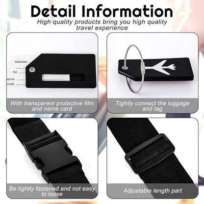 Weewooday 8 Pcs Luggage Straps Suitcase Tags Set for TSA Approved, 4 Travel Adjustable Suitcase Belt, 4 Silicone Luggage Tags with Name ID Card Travel Accessories(Black,Airplane)