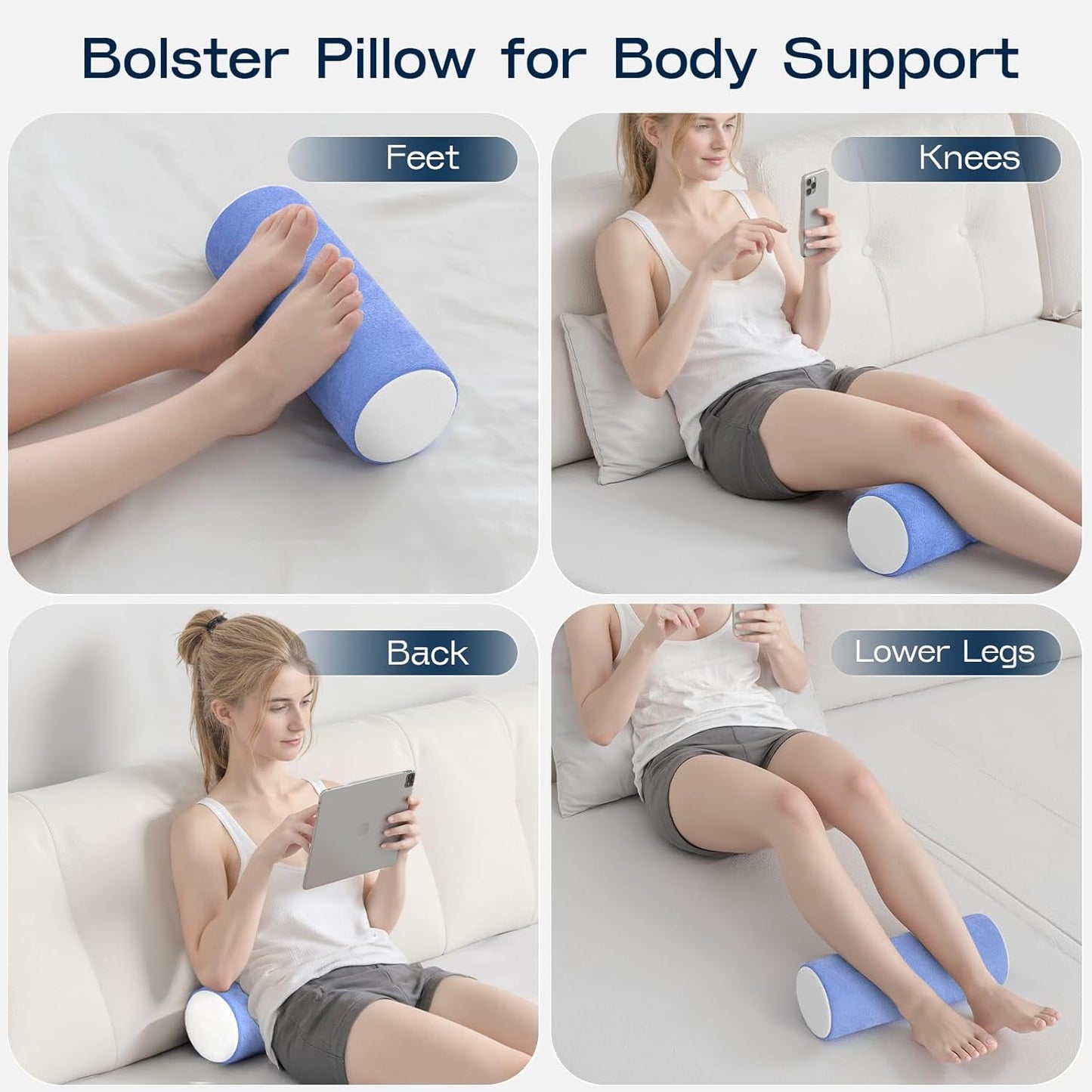 Neck Roll Cervical Pillow for Neck Pain Relief - Memory Foam Neck Pillow for Bed, Round Neck Pillows for Sleeping, 16 * 6.3 * 6.3inch (Blue-White)