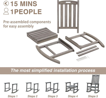 Psilvam Outdoor Rocking Chair, Poly Lumber Oversized Rocking Chair with 21" Wide Seat and 32" Tall Backrest, Pre-Assembled with Most Components for Effortless Installation(Light Gray)