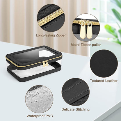 Travel Clear Makeup Bag with Makeup Brush Bag, Leather Makeup Case Toiletry Bag, Portable Cosmetic Bag Case, Transparent Waterproof Cosmetic Organizer Storage Bag for Women, Medium, Black