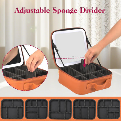Travel Makeup Bag With LED Mirror,Makeup Travel Train Case with 3 Color Setting,Cosmetic Makeup Organizer Bag with Adjustable Dividers,Portable Make up Bag with Makeup Brush Holder Storage（Caramel）