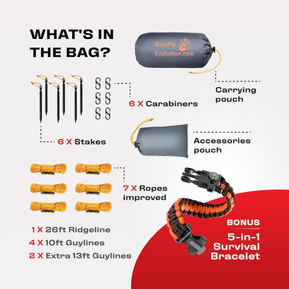 Rain Fly12x10 Lightweight Survival Camping Tarp; 100% Waterproof; Makes a Great Backpacking Tarp or Hammock Shelter; Comes in Multiple Colors, Survival Bracelet Included; Grey