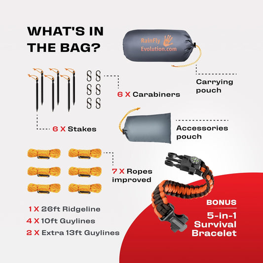 Rain Fly12x10 Lightweight Survival Camping Tarp; 100% Waterproof; Makes a Great Backpacking Tarp or Hammock Shelter; Comes in Multiple Colors, Survival Bracelet Included; Grey