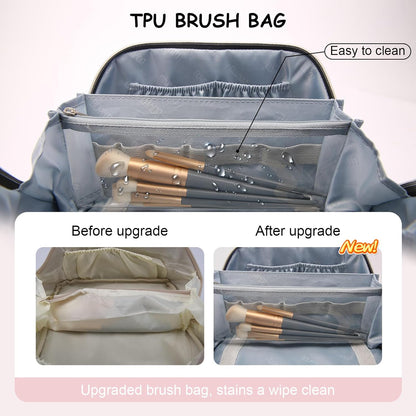 BOYATU Travel Makeup Bag Organizer Cosmetic Bag: 3 Pcs Set Make up Bags for Women with Handle - Waterproof Vegan Leather Toiletry Bags with Comparments (D-04-Pink)