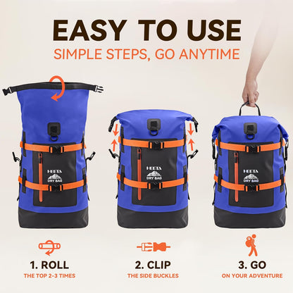 HEETA Dry Bags Waterproof Backpack 40L for Men & Women, Roll Top Heavy Duty Cushioned Hiking Backpack for Kayaking Boating Paddle Boarding Fishing Travel Camping Beach Vacation Cruise Ship Essentials