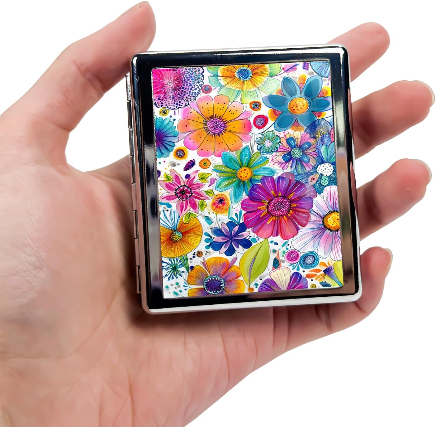 8‑Compartment Metal Pill Box Organizer – Portable Medicine Case 3″×2.6″ | Food‑Grade Dividers | Secure Snap Button Lid | Travel & Gift for Seniors (Vibrant Bloom Explosion)