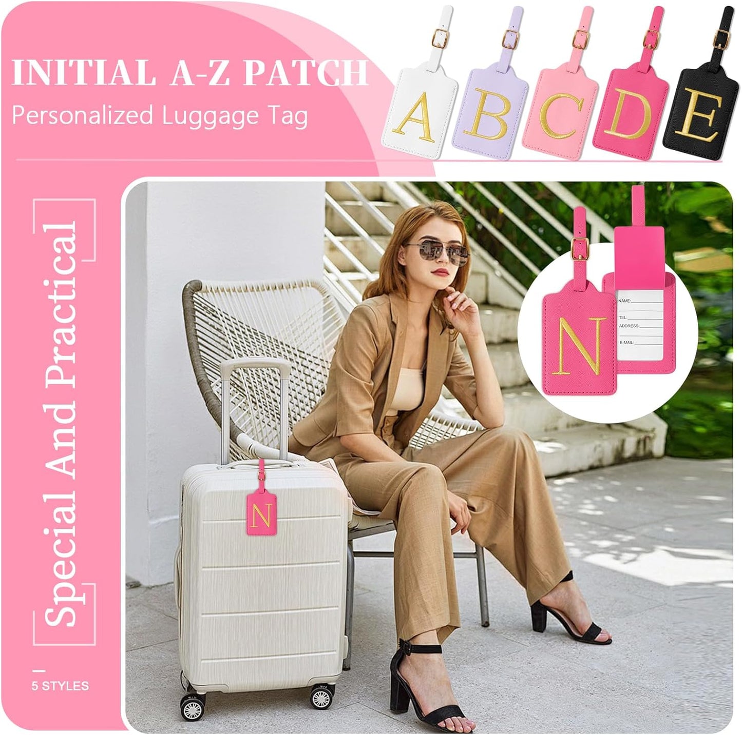 Personalized Initial Luggage Tags for Suitcase, Rose Red Leather Cute Luggage Tags with Privacy Cover Name Card, Embroidered Custom Monogram Luggage Tags Travel Backpack Tag Gifts for Women Kids(M)