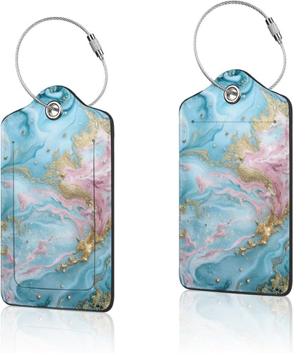 2 Pack Luggage Tag for Suitcase, Cute Unique Leather Suitcase Tags Identifiers with Privacy Name Address Labels & Durable Steel Loop for Women Men Travel