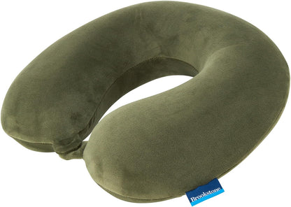 Brookstone Travel Neck Pillow - Lightweight Fleece Casing U-Shaped Stuffable Memory Foam Travel Pillow for Sleeping and Neck Support, Olive