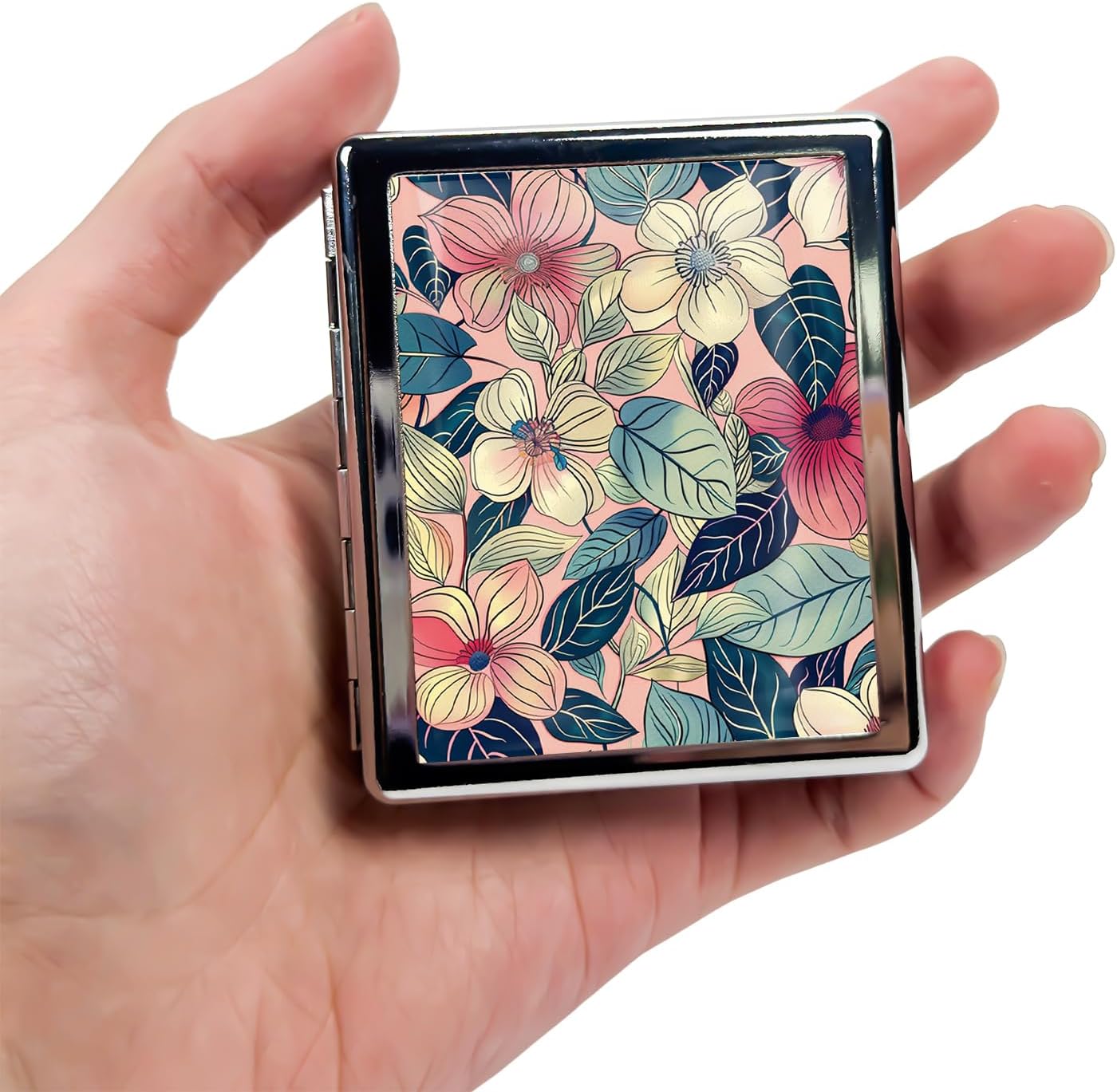 8‑Compartment Metal Pill Box Organizer – Portable Medicine Case 3″×2.6″ | Food‑Grade Dividers | Secure Snap Button Lid | Travel & Gift for Seniors (Blush Botanical Harmony)