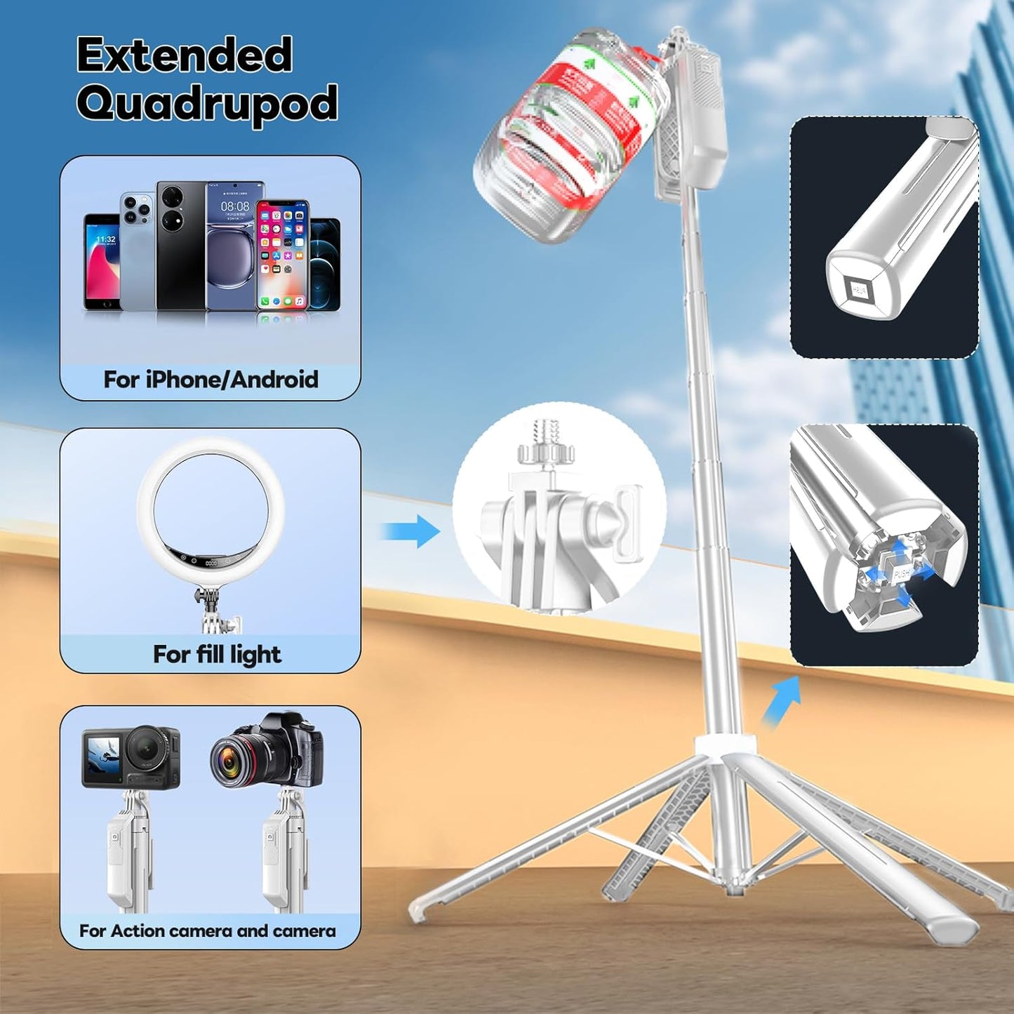 71" Selfie Stick Phone Tripod with Wireless Remote & 2 LED Fill Lights, Extendable Aluminum Phone Stand for iPhone/Android/Camera, Portable Travel Tripod for Vlogging, Live Streaming, Video Recording