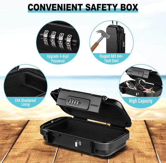 HUANLANG Portable Safe Lock Box with Combination Lock Mini Beach Travel Safe Waterproof Small Lockable Box with Removable Wire Rope Combination Safe Box for Dorm,Travel,Beach,Hotel,Car,Home,Office