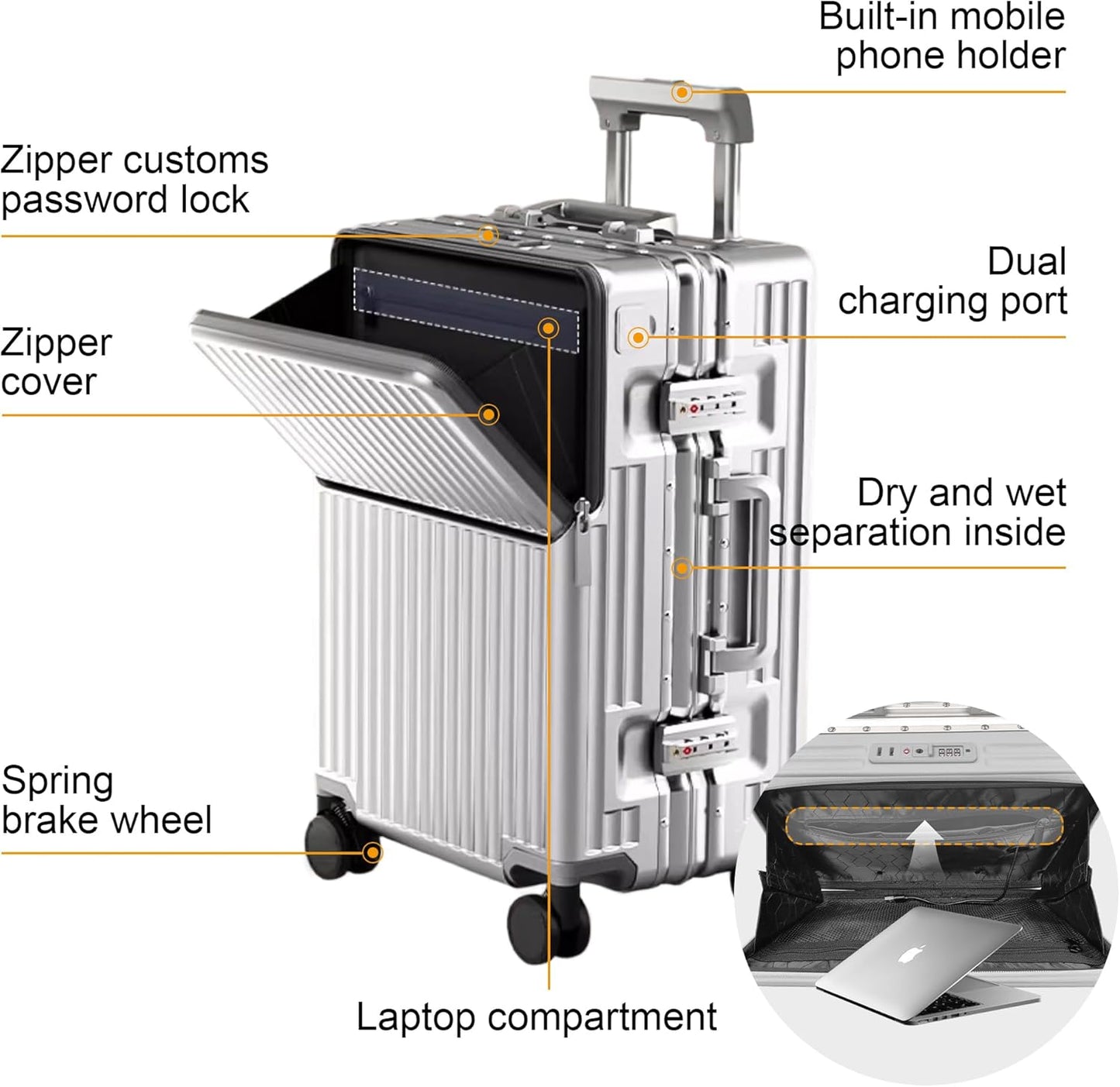 Hard Shell Luggage 24 Inch Travel Luggage, Carry-On Luggage Spinner TSA with Lid, PC+ABS Aluminum Frame，Lightweight Travel Luggage 20'' 24'' 26''Carry-On (upgraded silver, 24 inch)