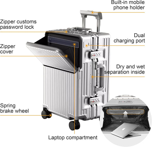 Hard Shell Luggage 24 Inch Travel Luggage, Carry-On Luggage Spinner TSA with Lid, PC+ABS Aluminum Frame，Lightweight Travel Luggage 20'' 24'' 26''Carry-On (upgraded silver, 24 inch)