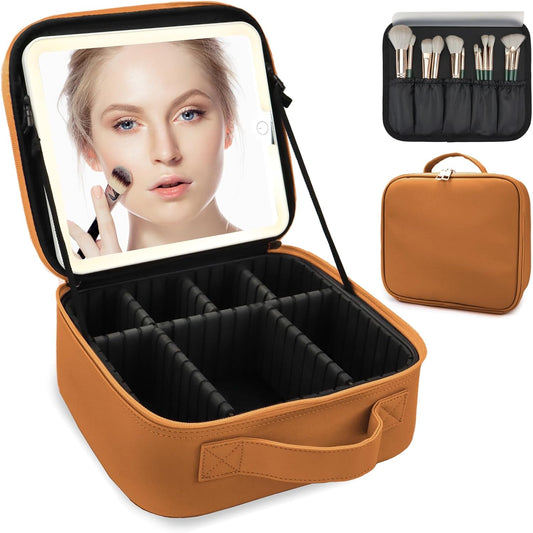 Travel Makeup Bag for Women and Makeup Artists Cosmetic Organizer Large Makeup Case,Travel Makeup Bag with Mirror 3 Color Setting,Portable Storage and Adjustable Dividers(light brown)