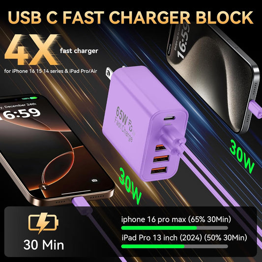 USB C Fast Charger Block, iPhone Charger Fast Charging Blocks 65W Multi Port Charger 6-Ports PD & QC Charging Cube Brick Power Adapter Type C Wall Chargers for iPhone 17/16/15/14/13/12 Pro Max, iPad