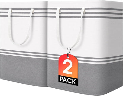 2 Pack Large Home Laundry Basket, Laundry Hamper, Freestanding Waterproof Dirty Clothes Bag, Tall Clothes Hamper - Extended & Reinforced Handles for College Dorm, Family (Light Grey/100L)