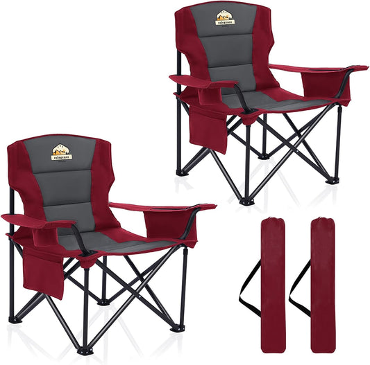 Oversized Camping Chairs 2 Pack - 450lbs Support Heavy Duty Folding Camp Chair Wide Portable Outside Collapsible Chairs with Carry Bag,Cooler,Cup Holder for Outdoor,Lawn,Sports,Baseball,Soccer-Red