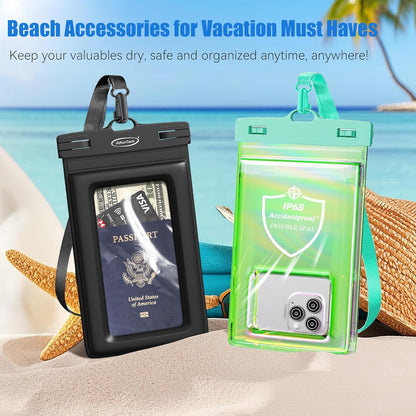 AiRunTech Waterproof Phone Pouch,Floating Waterproof Phone Case with Adjustable Lanyard,Beach,Cruise,Vacation Essentials,Summer Travel Phone Protector-2 Pack(Green + Black)