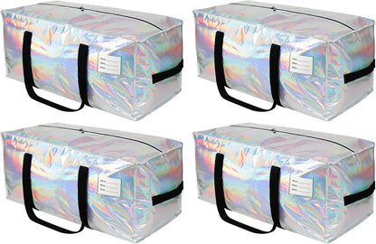 4 Pack Heavy Duty Moving Bags Extra Large Waterproof Foldable Clothing Storage Totes Bags with Zipper,Reinforced Handles,Packing Moving Boxes for Dorm & Seasonal Storage,Iridescent