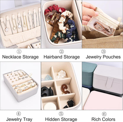 2 Layer Portable Jewelry Box, Large Jewelry Travel Case with 4 Jewelry Pouches, Medium Size Jewelry Organizer Box for Earrings, Necklaces, Bracelets (light gray)
