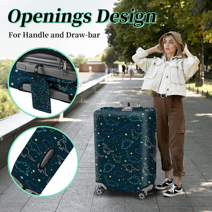 Luggage Cover Suitcase Protector Plus 1 Luggage Tag, Dinosaurs Space Travel Suitcase Cover Suitable for 26-28 inch Luggage (L) with Concealed Zipper Washable Elastic Cloth Dustproof Anti-Scratch