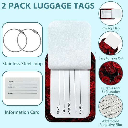 2 Pack Cute Luggage Tag for Suitcases Dark Red Roses Leather Luggage Tags with Stainless Steel Loop Privacy Flap Name Tags,Men and Women Travel Bag Suitcase Tags