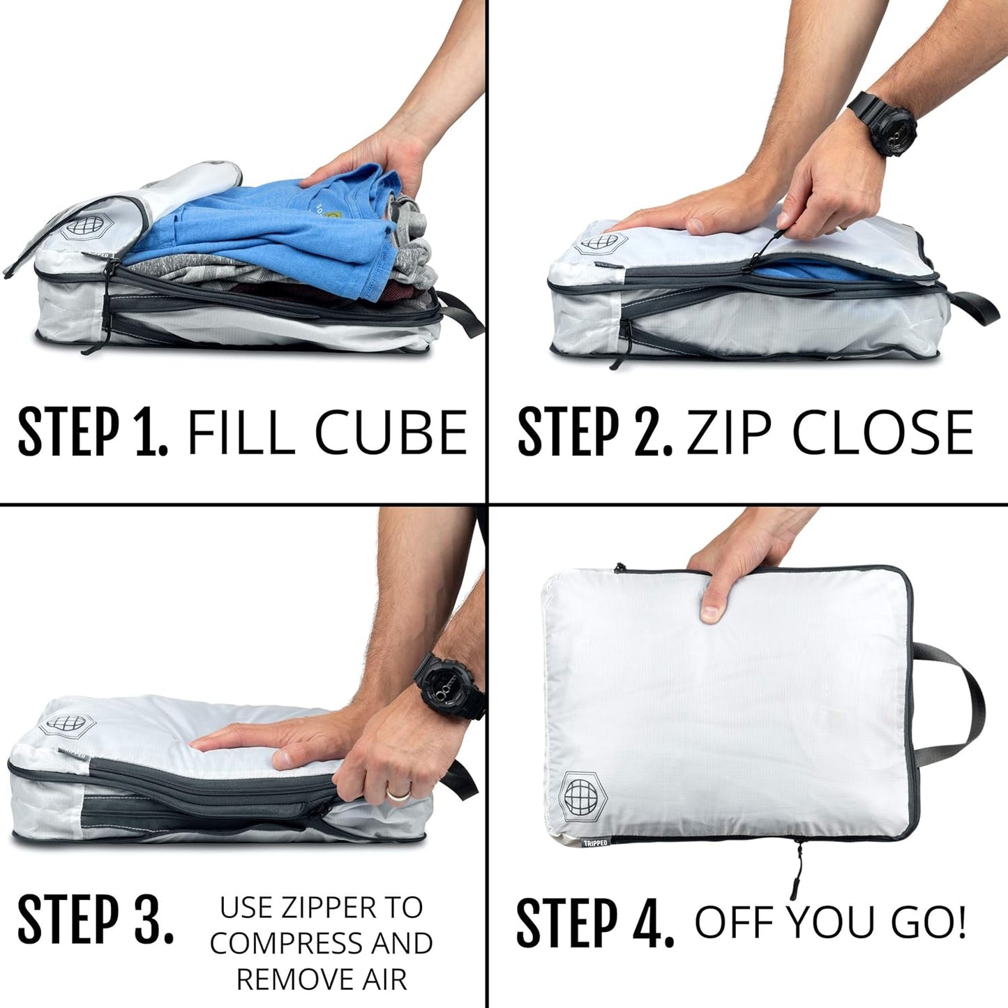 Large Compression Packing Cubes 6 Piece Set for Travel with Lightweight Laundry Bag for Carry-On Suitcase by TRIPPED Travel Gear (White)