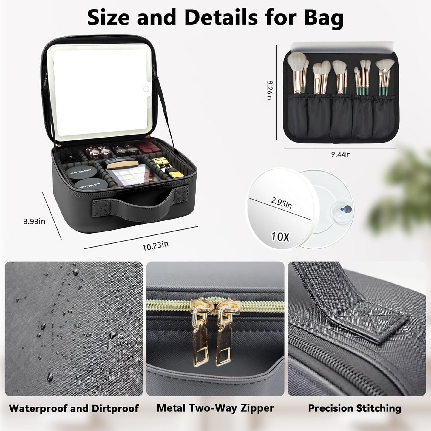 Travel Makeup Bag with LED Mirror and 10x magnifying glass with 3 Lighted Settings, Adjustable Dividers and Makeup Brush Storage Bag Black