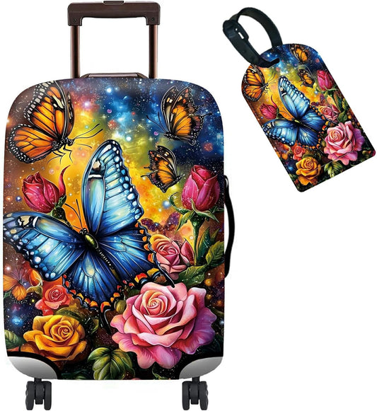 Luggage Cover + Tag, Colorful Rose Butterfly Travel Suitcase Cover for 18-20 inch Luggage (S) with Concealed Zipper, Washable Elastic Cloth, Dustproof, Anti-Scratch
