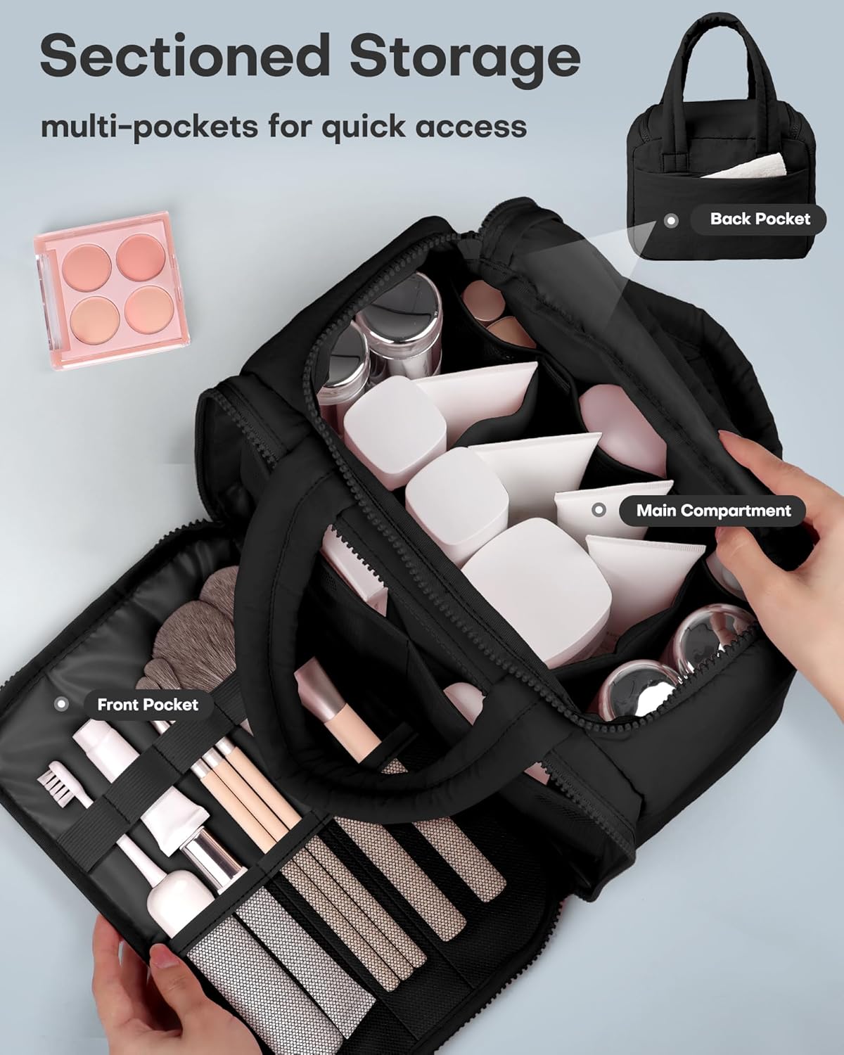 HOTOR Travel Toiletry Bag - Wide-Open Toiletry Bag for Women, Multi-Pocket Makeup Bag for Travel Essentials, Wet & Dry Separation Travel Accessories for Trip, Gym, 11.4" x 5.9" x 8.3", Black