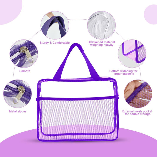 XEWEA Clear Travel Toiletry Bags, 3 Pack TSA Approved Transparent Makeup Bag for Men Women, Large Waterproof PVC Quart Organizer with Zipper for Toiletries Airline Essential,Toy Storage Pouch Purple