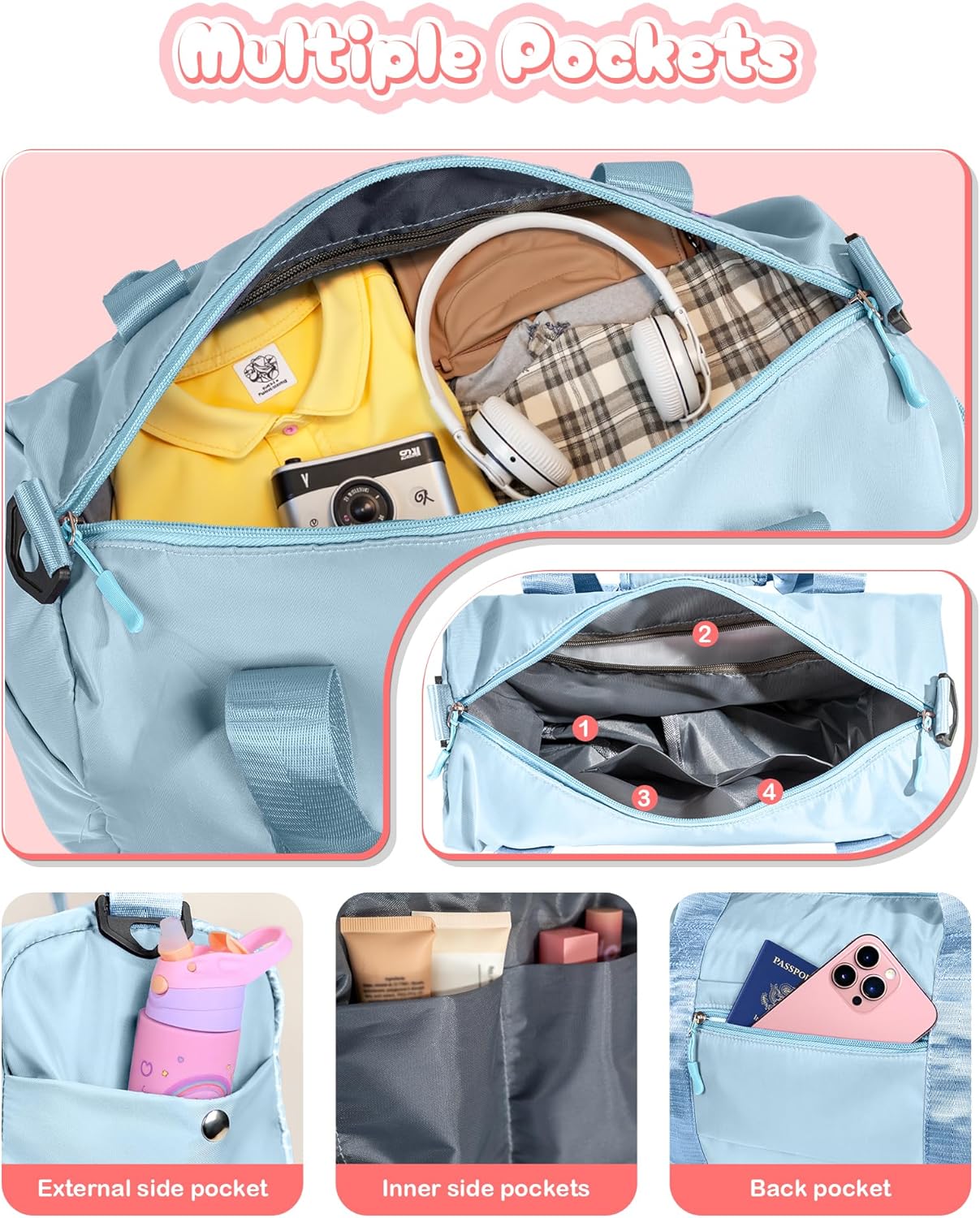 Christmas Gifts for Girls-Girl Gym Bag with Shoe Compartment, Kid Personalized Weekender Overnight Bags, Initial Travel Tote with Makeup Pouch, Gift Ideas for Niece Sister (Letter W)