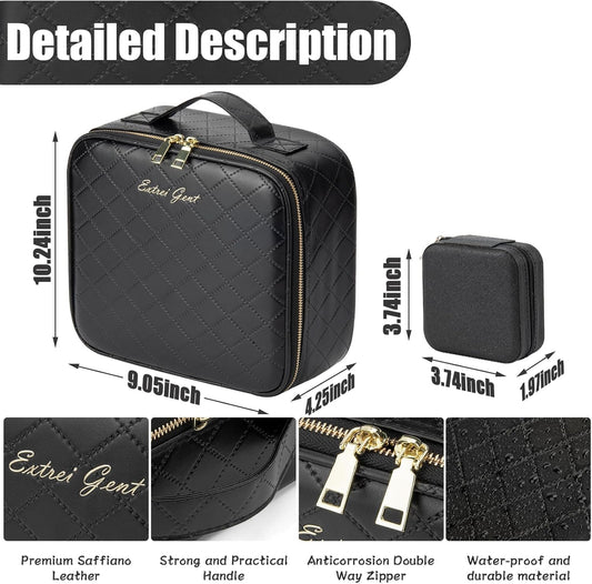 Makeup Travel Train Case with Mirror LED Light 3 Adjustable Brightness Cosmetic Bag Portable Storage Adjustable Partition Waterproof Makeup Brushes Makeup Jewelry Gift for Women