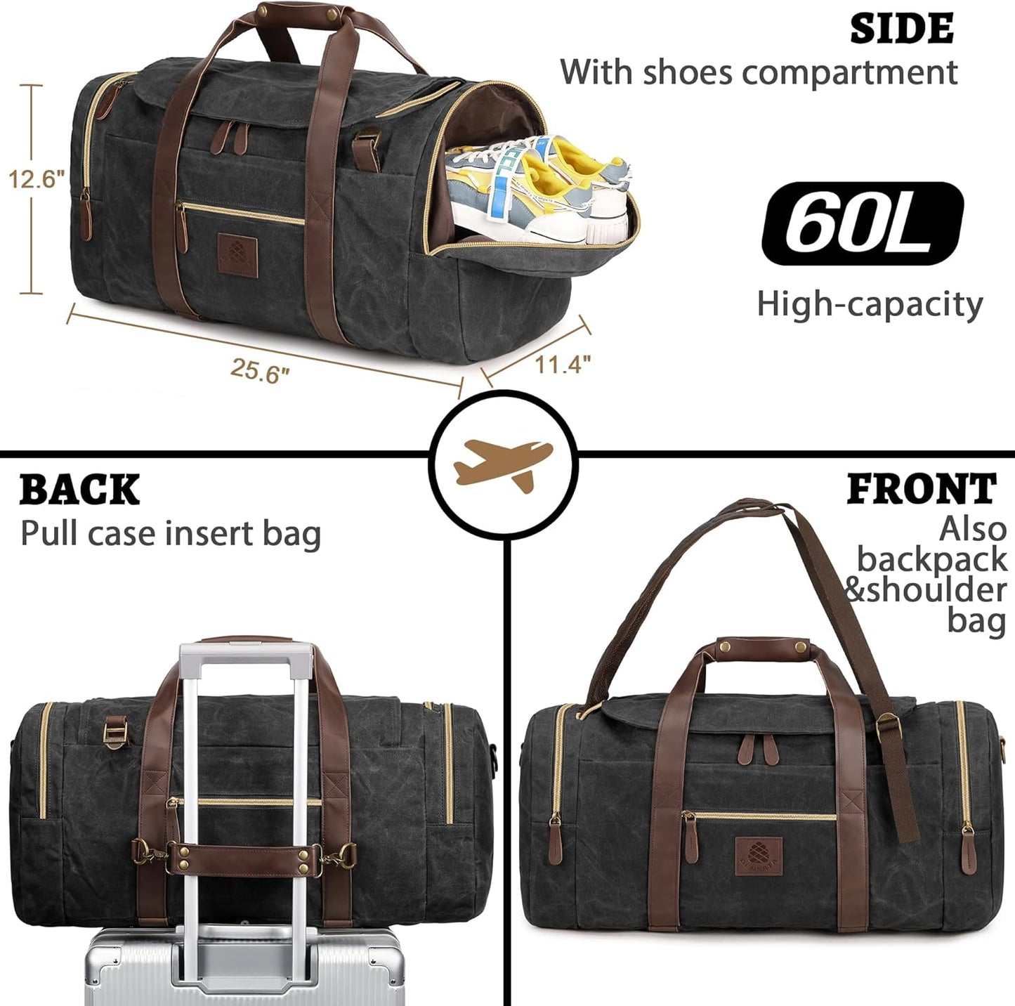 60L Duffle Bag for Men, Nomad Waxed Canvas Travel Duffel Bag Vintage Genuine Leather Travel Handbag Upgraded Weekender Overnight Backpack with Shoes Compartment (Vintage Black, X Large-60L)