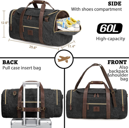 60L Duffle Bag for Men, Nomad Waxed Canvas Travel Duffel Bag Vintage Genuine Leather Travel Handbag Upgraded Weekender Overnight Backpack with Shoes Compartment (Vintage Black, X Large-60L)