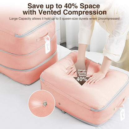 6 Pack Compression Storage Bags - 110L Large Capacity Comforter Storage Bag, 3-Layer Washable Ultra Space Saving Self Compression Organizer Space Bags for Blankets, Sweaters, Sheets, Pink