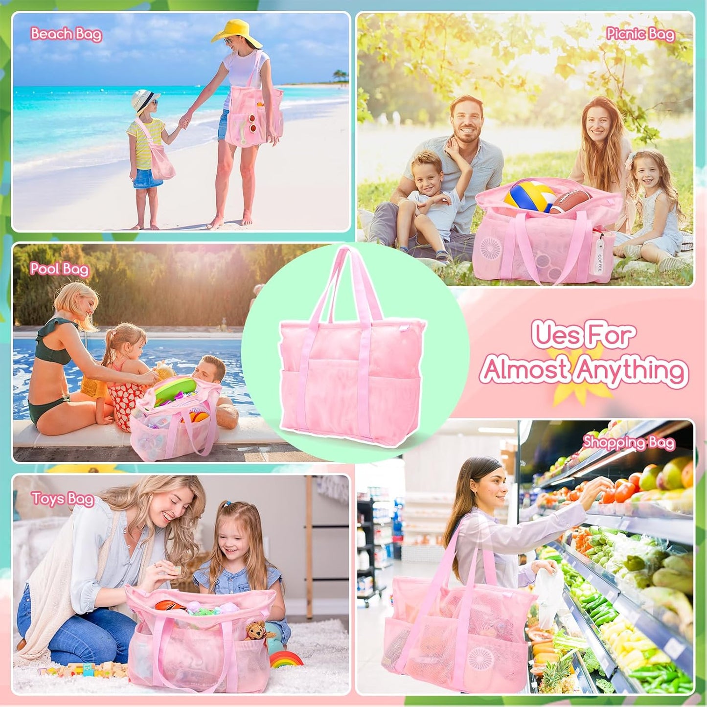 Tagitary Mesh Beach Bag with Zipper Large Beach Tote Waterproof Sandproof with 8 Pockets for Toys Pool Bag Beach Accessories