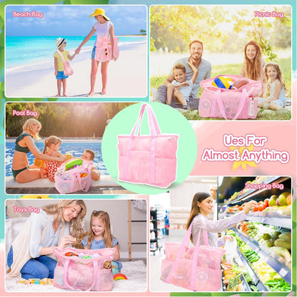 Tagitary Mesh Beach Bag with Zipper Large Beach Tote Waterproof Sandproof with 8 Pockets for Toys Pool Bag Beach Accessories