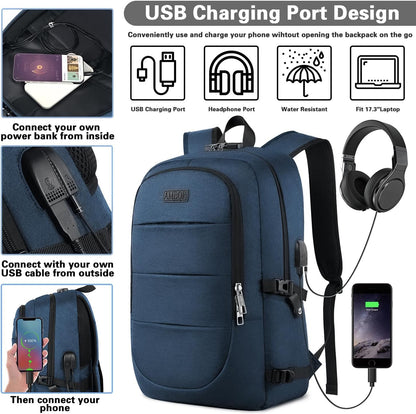 AMBOR 15.6-17.3 Inch Laptop Backpack, Anti Theft Business Travel Backpack with USB Charging Port and Headphone Interface, Water Resistant Computer Bag for Men & Women, Blue