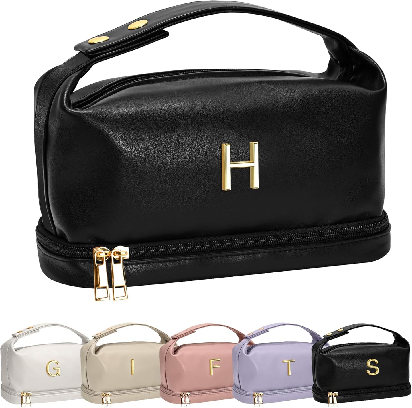 Graduation Gifts for Her, Personalized Makeup Bag with Handle, Initial Double Layer Cosmetic Bag with Makeup Brush Organizer, PU Leather Travel Toiletry Bag, Gifts for Friends Female Mom