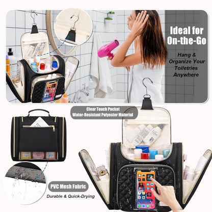 Travel Toiletry Bag for Women, Hanging Toiletry Bag, Bathroom Bag Portable Shower Caddy for College Dorm Travel Shower Bag for Women Water-Resistant Cosmetic Makeup Bag (Black)