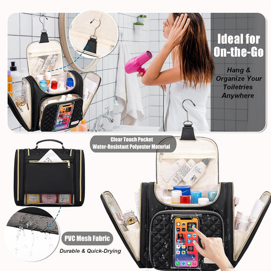 Travel Toiletry Bag for Women, Hanging Toiletry Bag, Bathroom Bag Portable Shower Caddy for College Dorm Travel Shower Bag for Women Water-Resistant Cosmetic Makeup Bag (Black)
