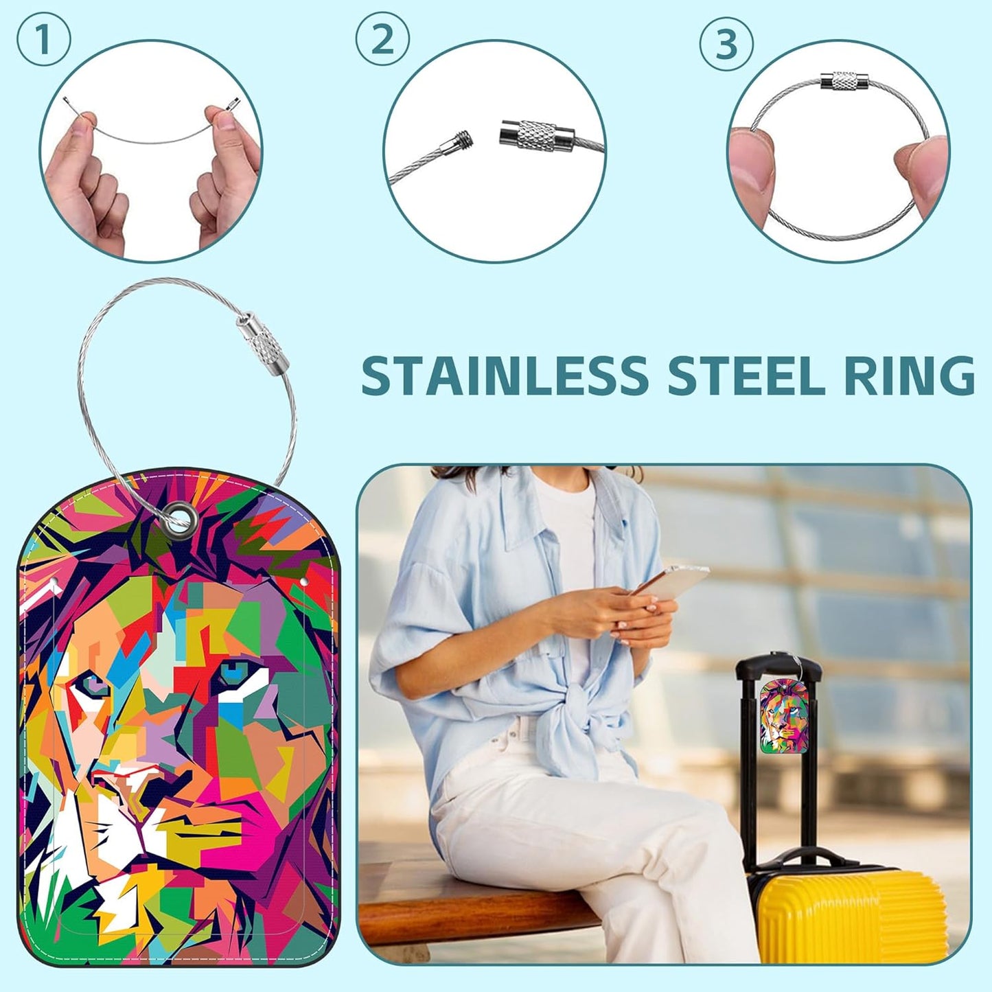 Colored Lion Head Luggage Tag for Suitcase Set of 2 PU Leather Cute Luggage Tags with Stainless Metal Loop ID Label Privacy Flap Suitcase Tags for Women and Men Travel