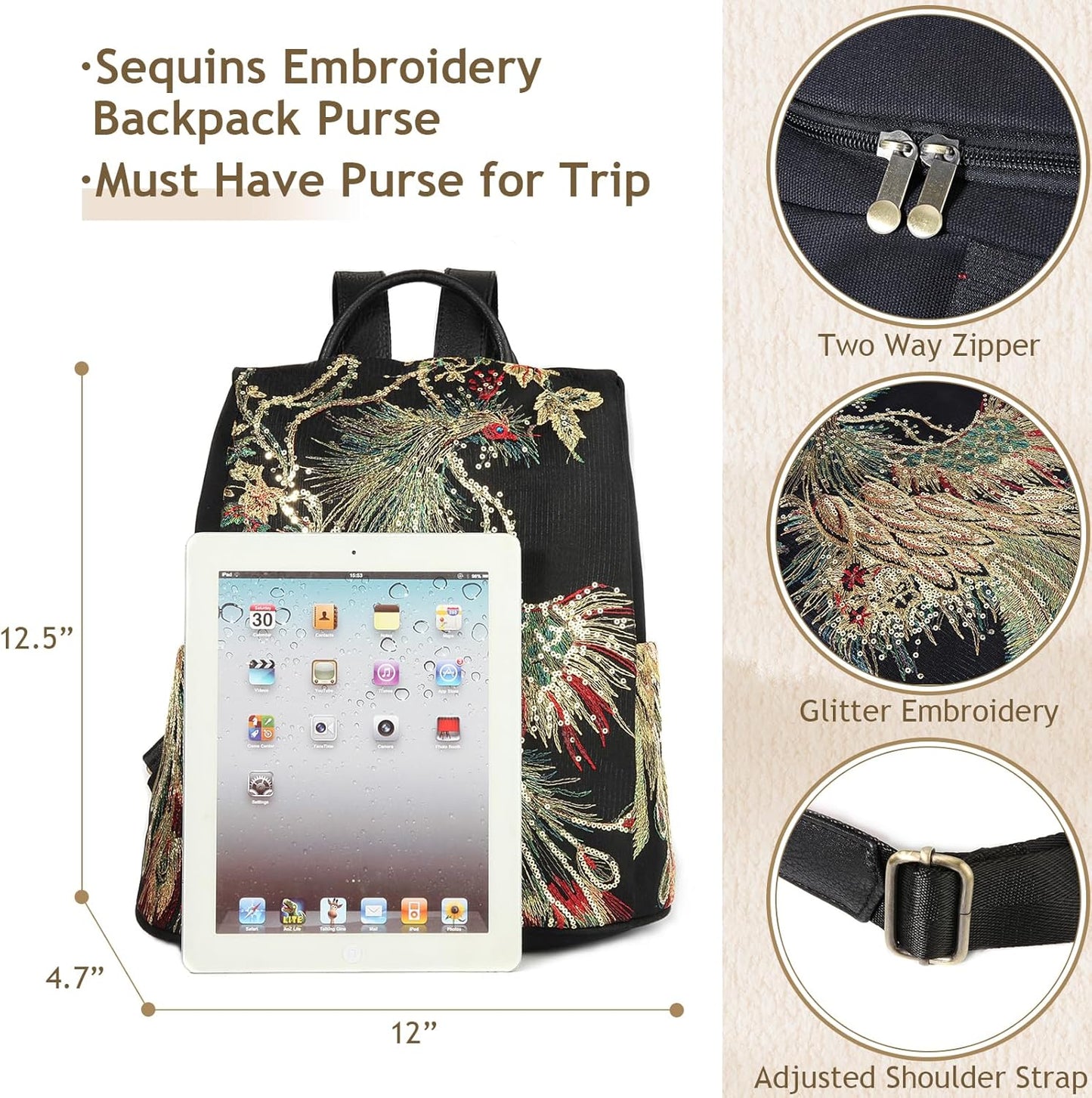 Jursccu Glitter Embroidery Women Backpack Purse, Fashion Canvas Travel Anti-theft Rucksack Shoulder Bag (Black)