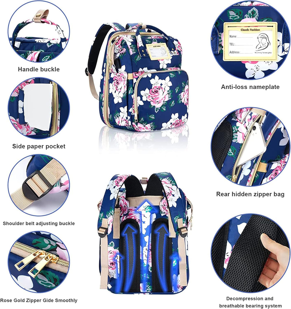 Diaper Bag Backpack with Changing Station, Foldable for Bady Toddler, 3 in 1 Large Capacity Newborn Essentials Organizer with Stroller Hook for Girls and Boys（Blue）