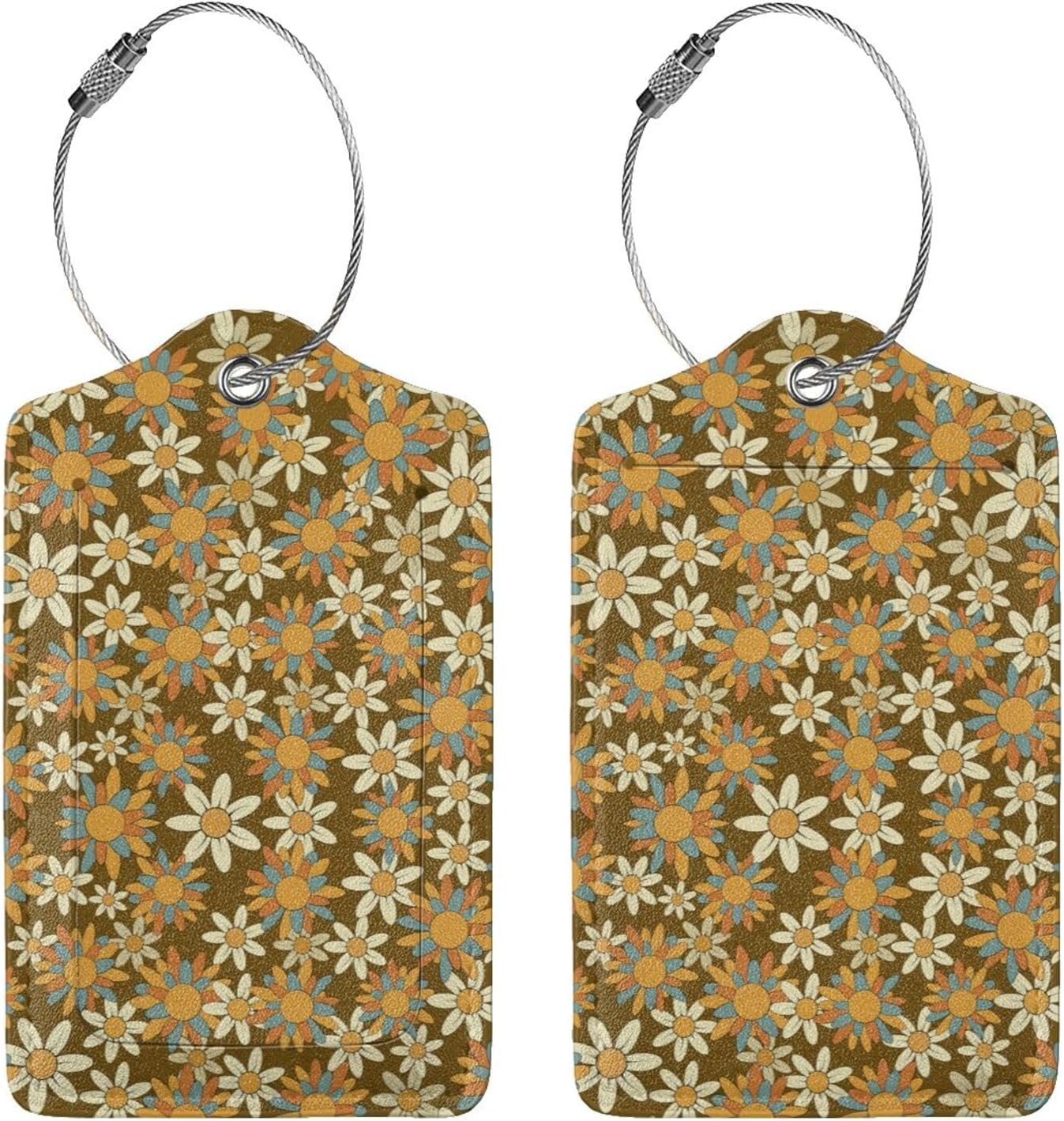 Flowers Leather Luggage Tag with Stainless Steel Ring, Fun Name Id Card Cover Travel Bag Tag Set, Suitable for Travel Bag Luggage Women Men 2 PCS