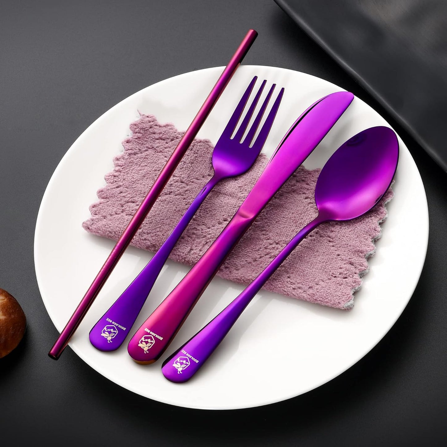 Boulder Bee | Travel Utensils Set | Reusable Camping Cutlery Set | Stainless Steel Flatware Set | Portable Silverware Set with Case | Includes Knife/Fork/Spoon/Straw/Cleaning Cloth/Case (Purple)
